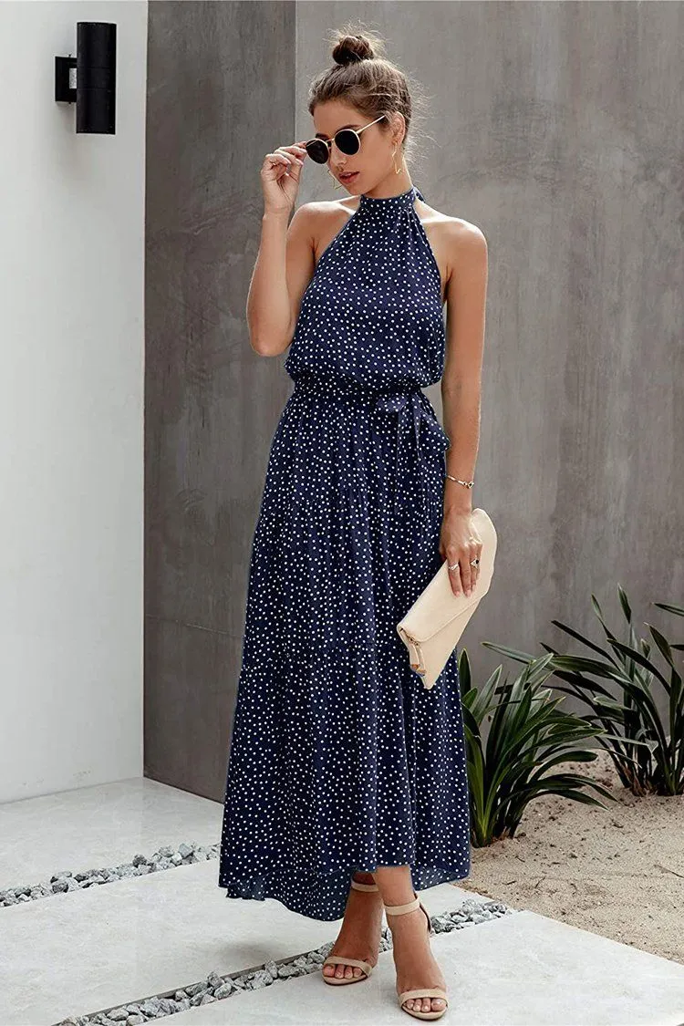 Halter Neck Floral Backless Loose Ruffle Maxi Dresses