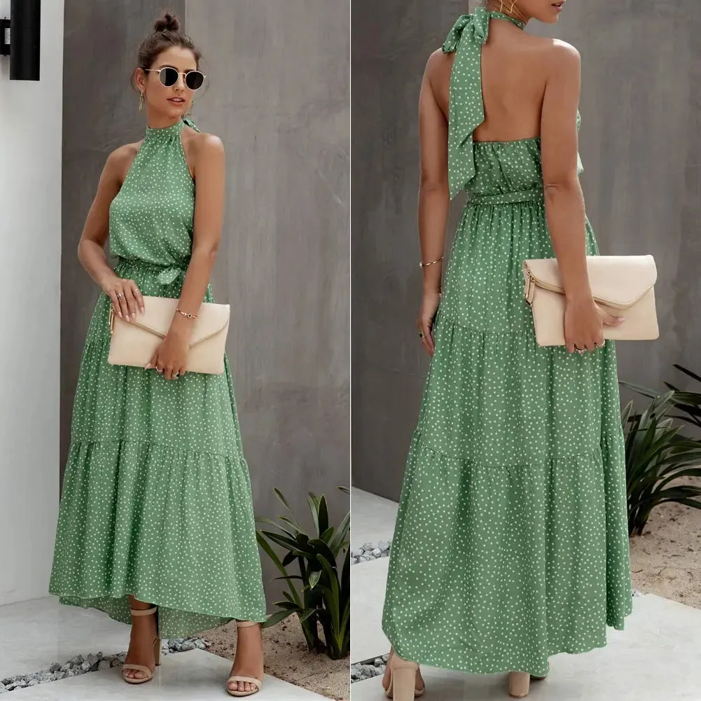 Halter Neck Floral Backless Loose Ruffle Maxi Dresses