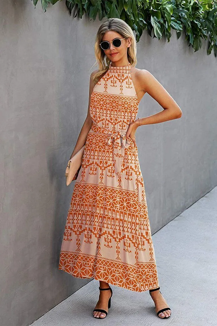 Halter Neck Floral Backless Loose Ruffle Maxi Dresses