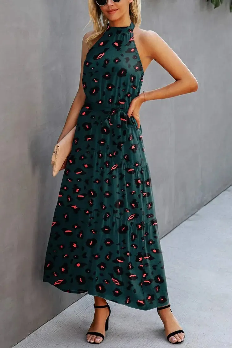 Halter Neck Floral Backless Loose Ruffle Maxi Dresses