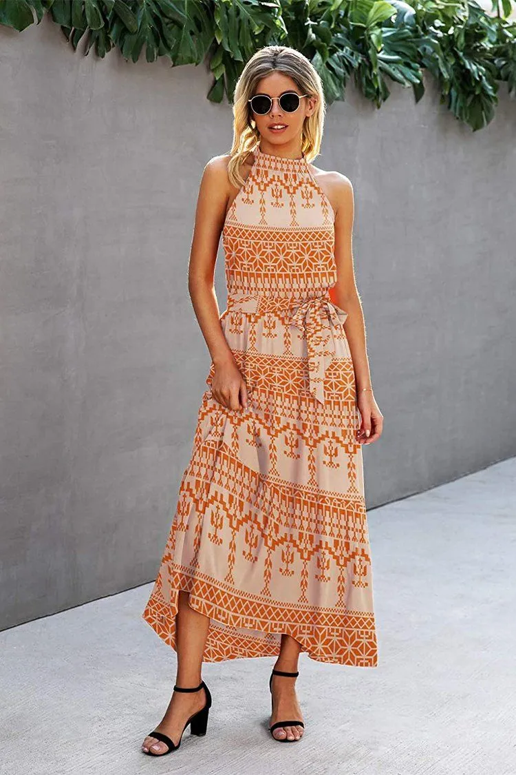 Halter Neck Floral Backless Loose Ruffle Maxi Dresses