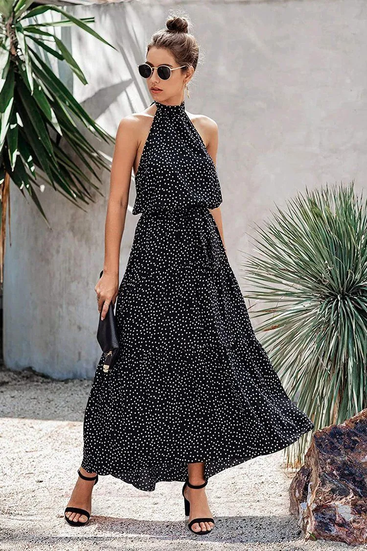 Halter Neck Floral Backless Loose Ruffle Maxi Dresses