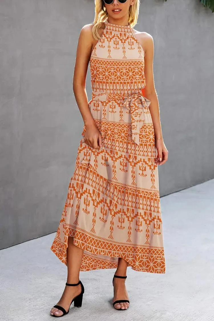 Halter Neck Floral Backless Loose Ruffle Maxi Dresses