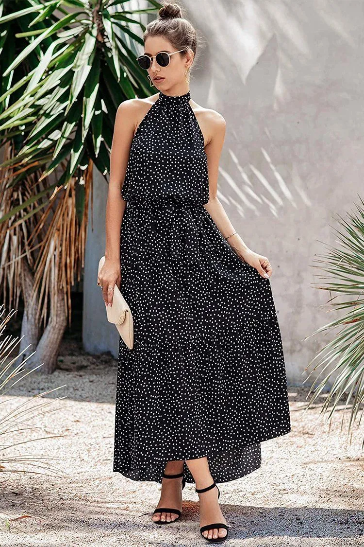Halter Neck Floral Backless Loose Ruffle Maxi Dresses
