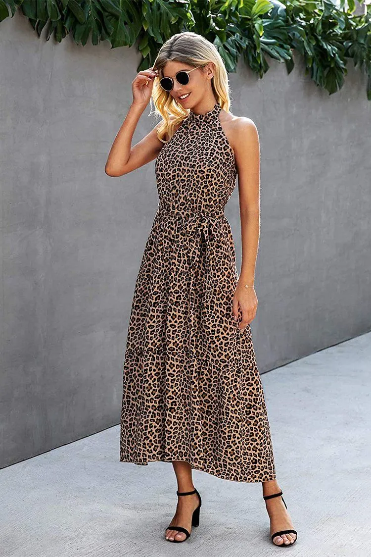 Halter Neck Floral Backless Loose Ruffle Maxi Dresses
