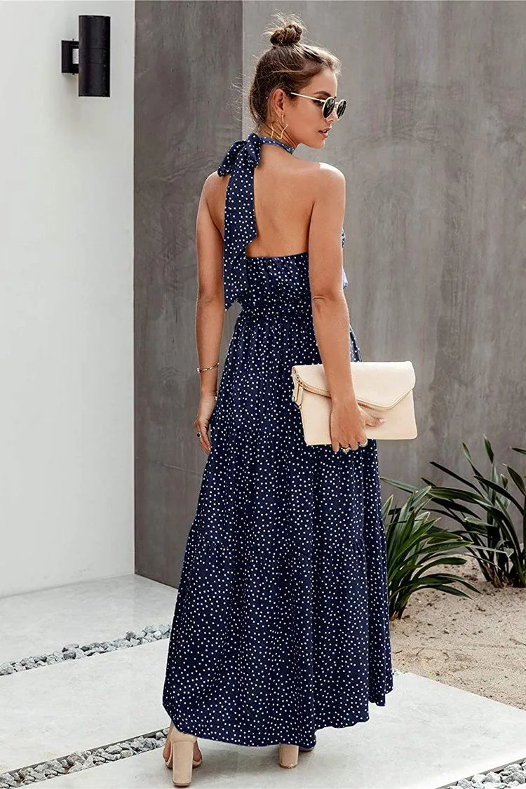 Halter Neck Floral Backless Loose Ruffle Maxi Dresses