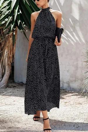 Halter Neck Floral Backless Loose Ruffle Maxi Dresses