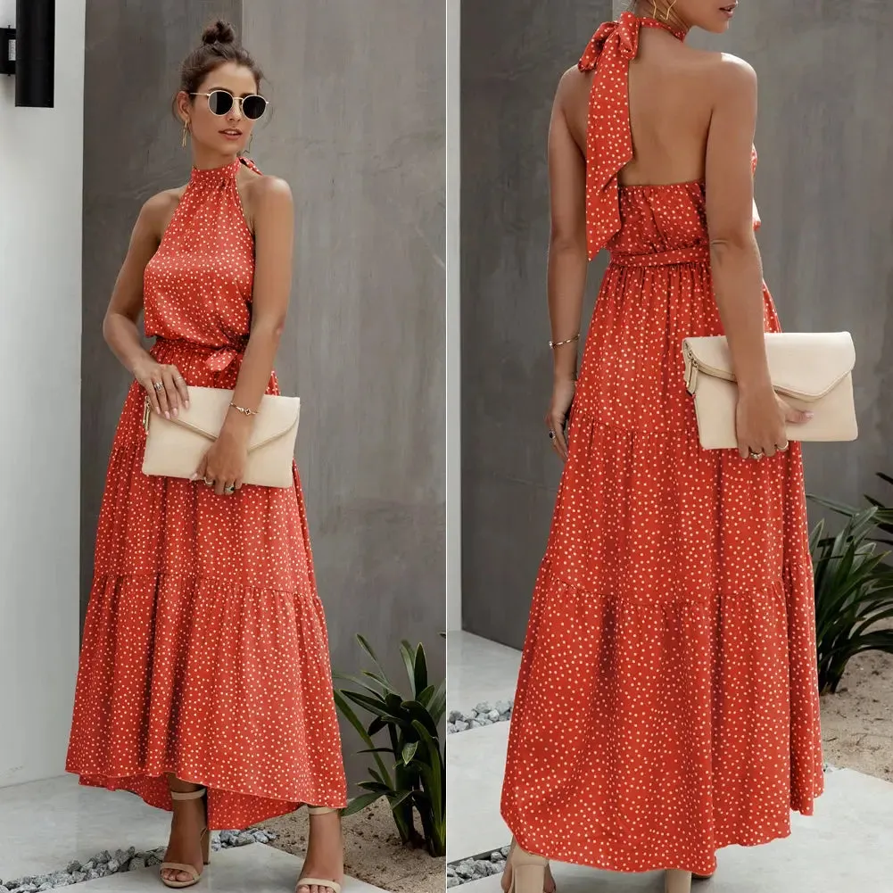 Halter Neck Floral Backless Loose Ruffle Maxi Dresses