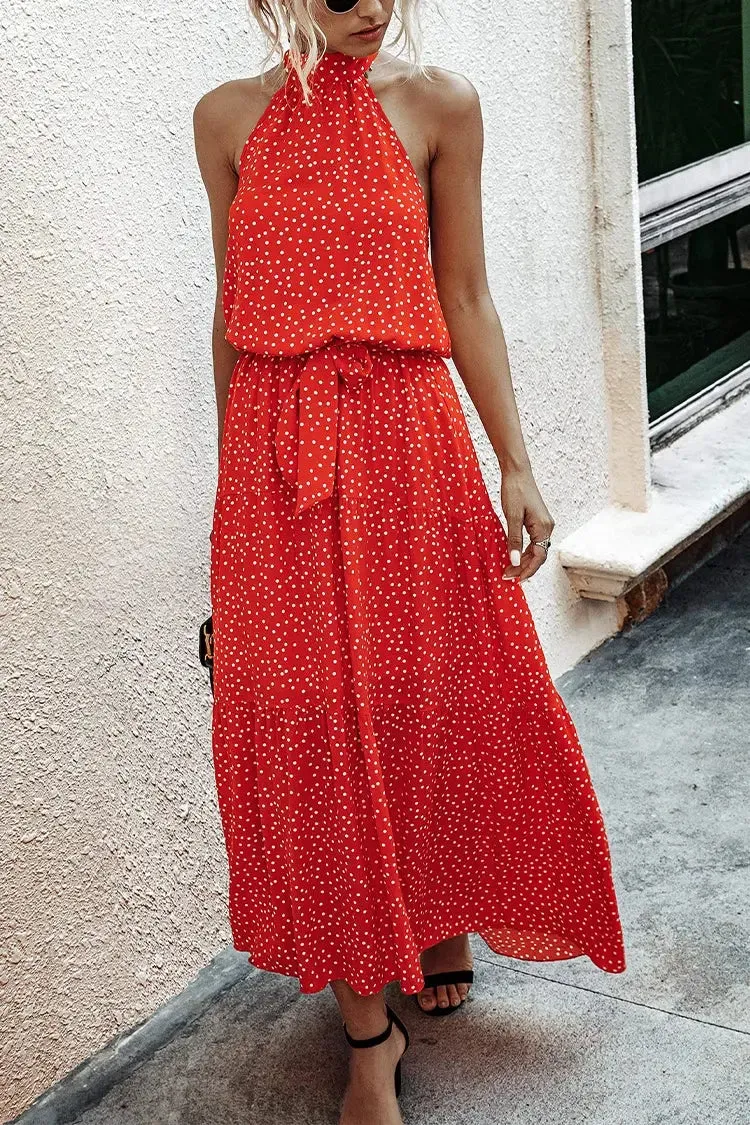 Halter Neck Floral Backless Loose Ruffle Maxi Dresses