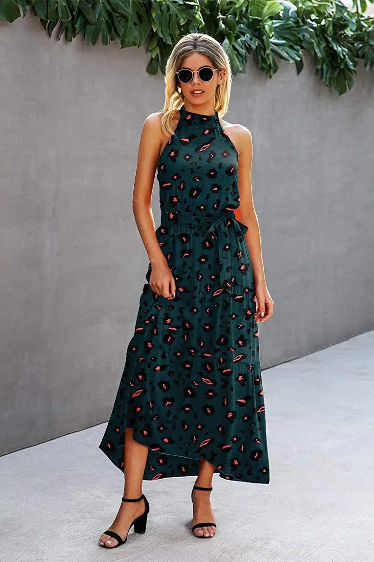 Halter Neck Floral Backless Loose Ruffle Maxi Dresses