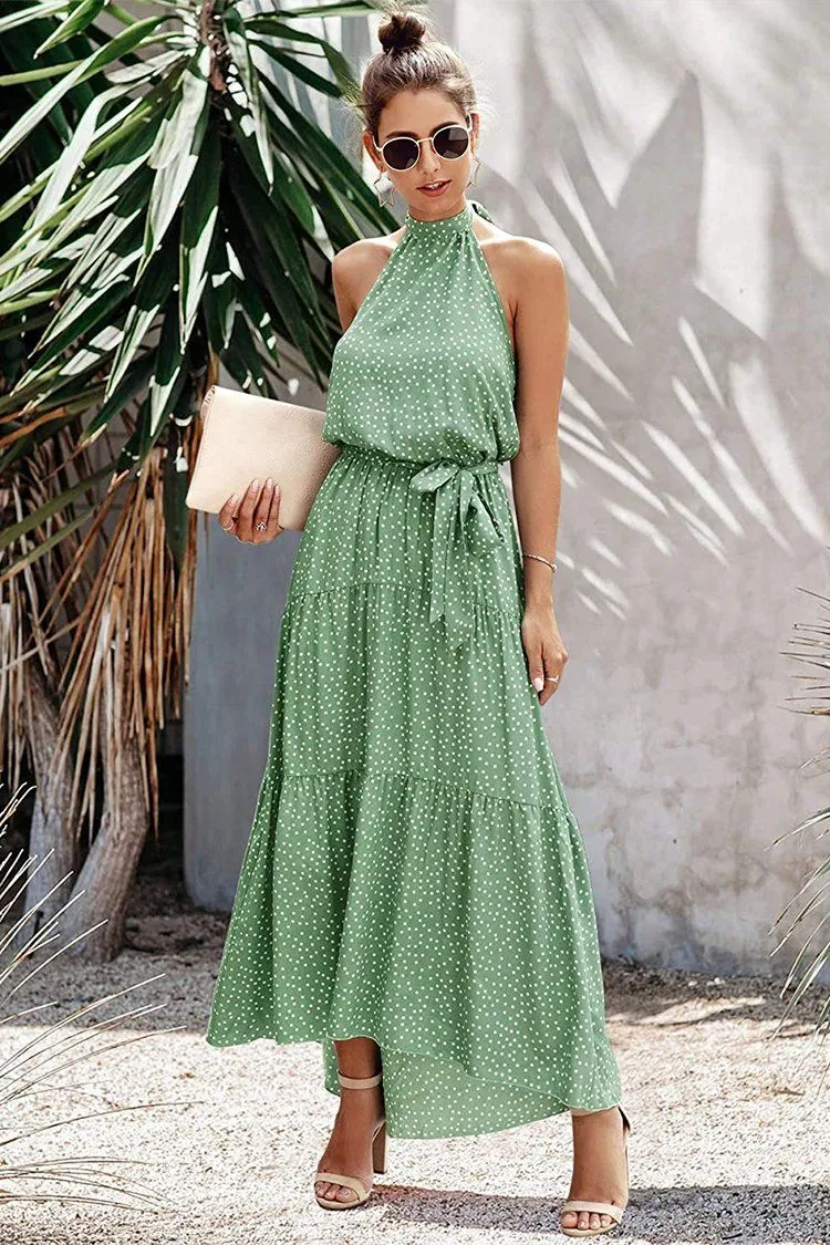 Halter Neck Floral Backless Loose Ruffle Maxi Dresses