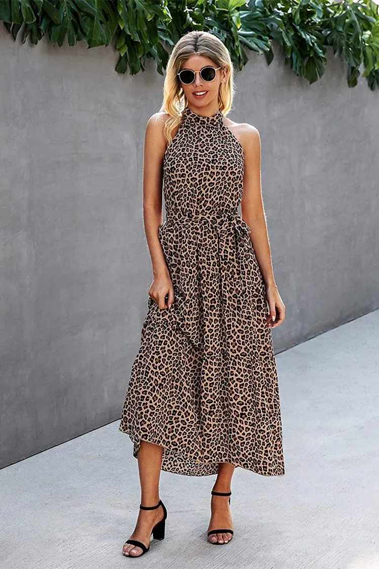 Halter Neck Floral Backless Loose Ruffle Maxi Dresses