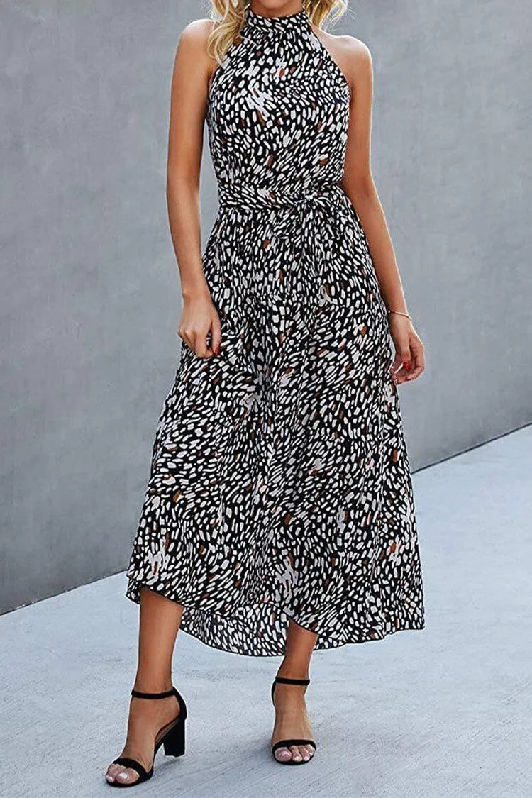 Halter Neck Floral Backless Loose Ruffle Maxi Dresses