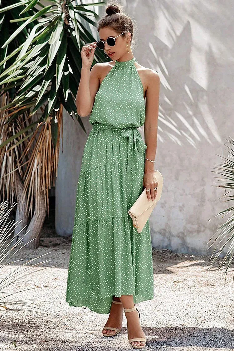 Halter Neck Floral Backless Loose Ruffle Maxi Dresses