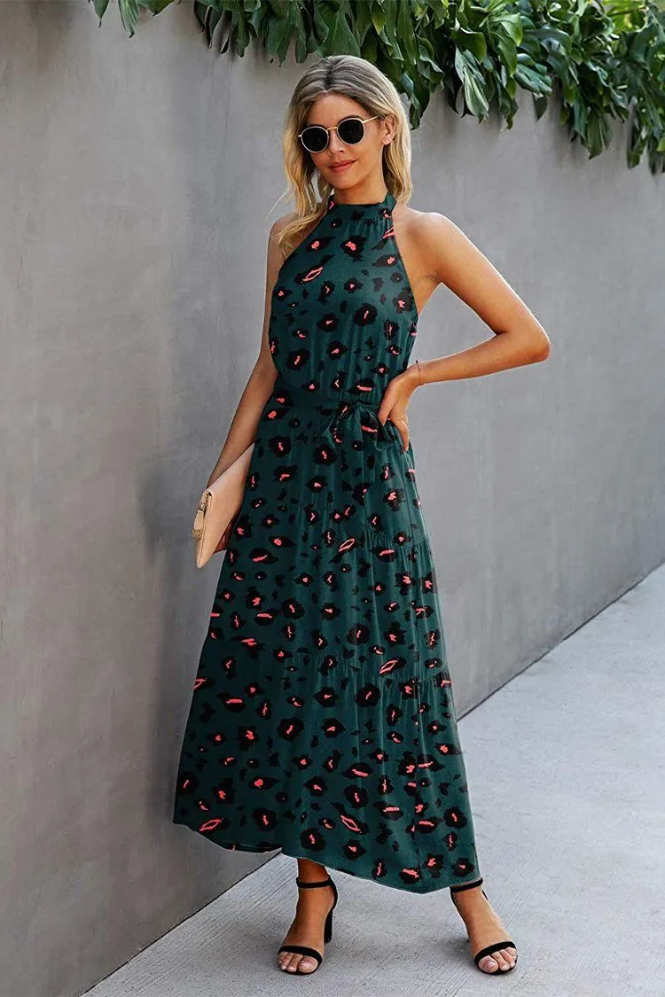 Halter Neck Floral Backless Loose Ruffle Maxi Dresses