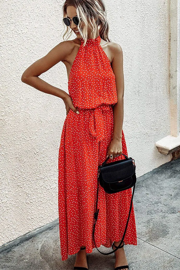 Halter Neck Floral Backless Loose Ruffle Maxi Dresses