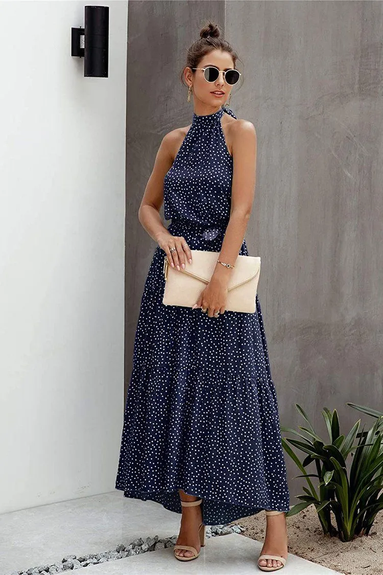 Halter Neck Floral Backless Loose Ruffle Maxi Dresses