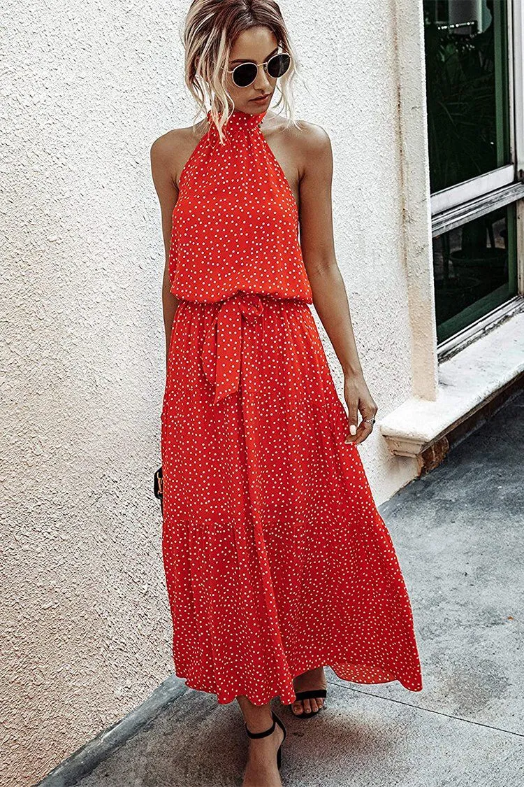 Halter Neck Floral Backless Loose Ruffle Maxi Dresses