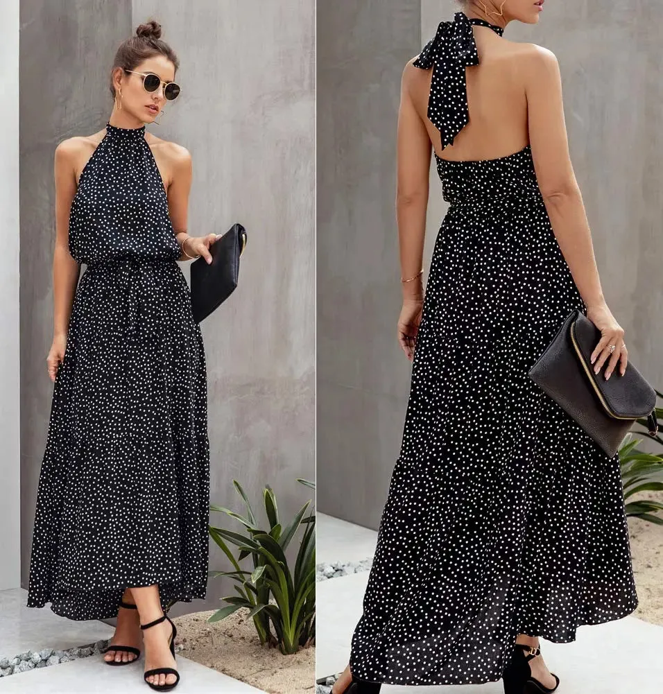 Halter Neck Floral Backless Loose Ruffle Maxi Dresses