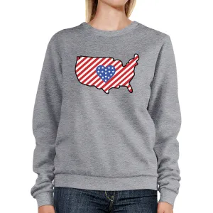 Heart USA Map With American Flag Unisex Gray Pullover Sweatshirt