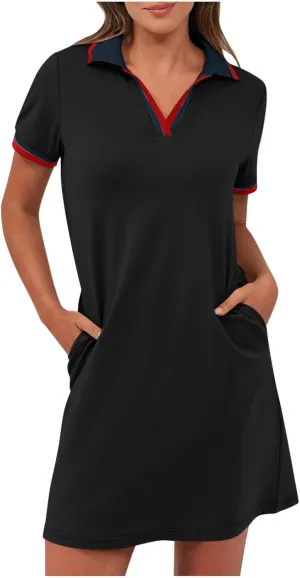 hlysgo Mini Dresses for Women 2025 Summer Casual Short Sleeve V Neck Tennis Dresses Trendy Short T-Shirt Dress with Pockets