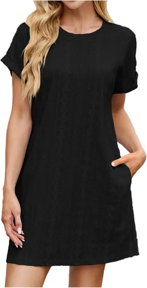 hlysgo T-Shirt Dresses for Women 2025 Summer Short Sleeve Crew Neck Mini Dress Casual Loose Fit Going Out Dress with Pockets