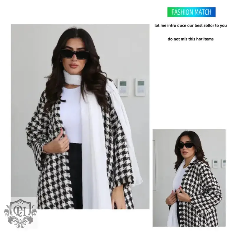 Houndstooth Long Sleeve Maxi Coat