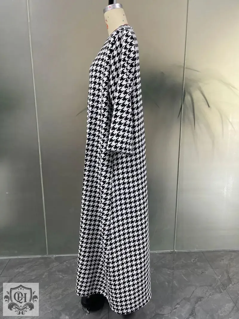 Houndstooth Long Sleeve Maxi Coat