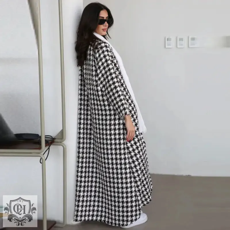 Houndstooth Long Sleeve Maxi Coat