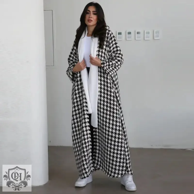 Houndstooth Long Sleeve Maxi Coat