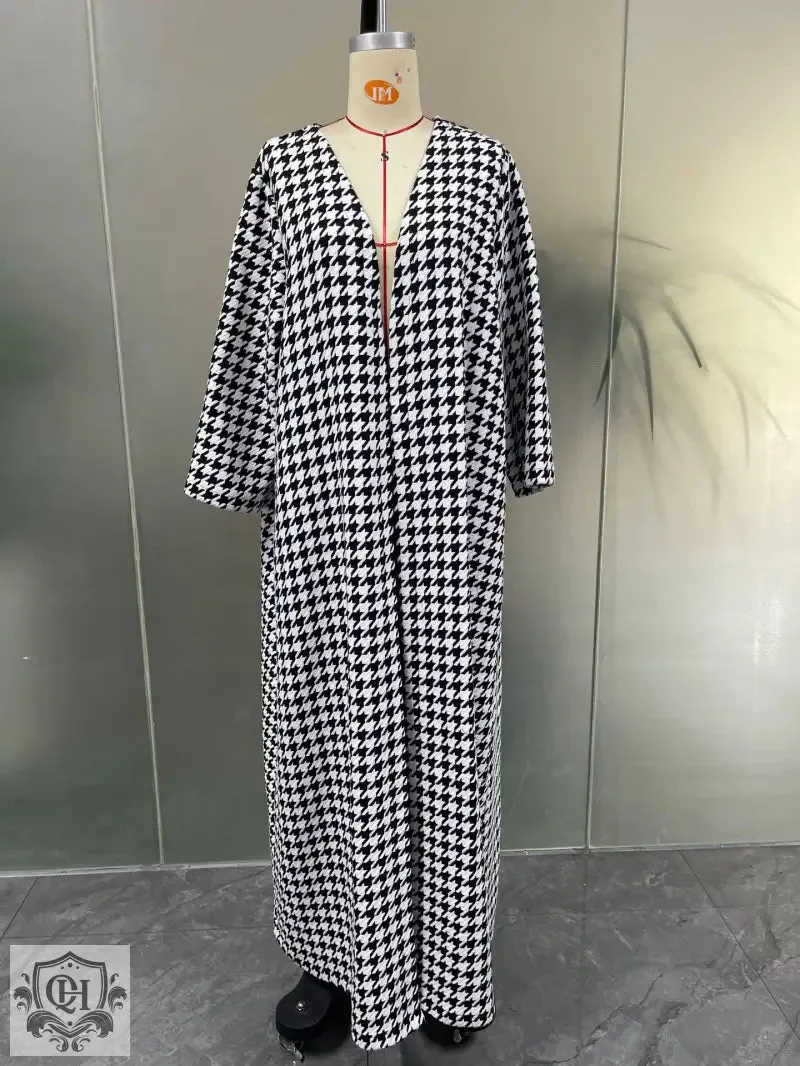 Houndstooth Long Sleeve Maxi Coat