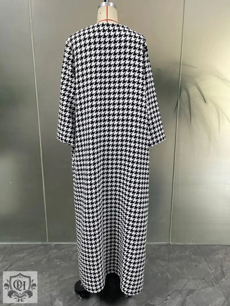 Houndstooth Long Sleeve Maxi Coat