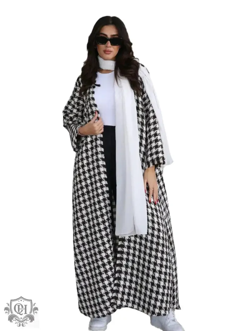 Houndstooth Long Sleeve Maxi Coat