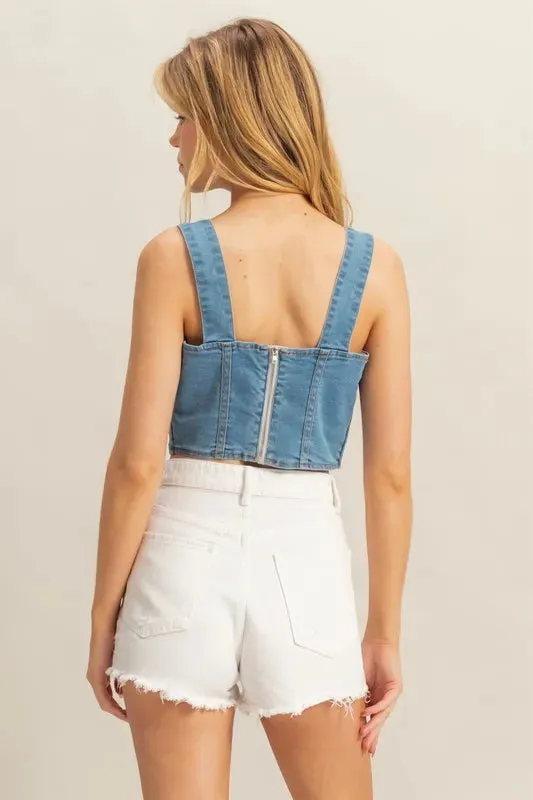 HYFVE Washed Sweetheart Neck Wide Strap Denim Tank In Light Wash