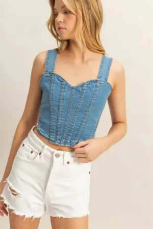HYFVE Washed Sweetheart Neck Wide Strap Denim Tank In Light Wash