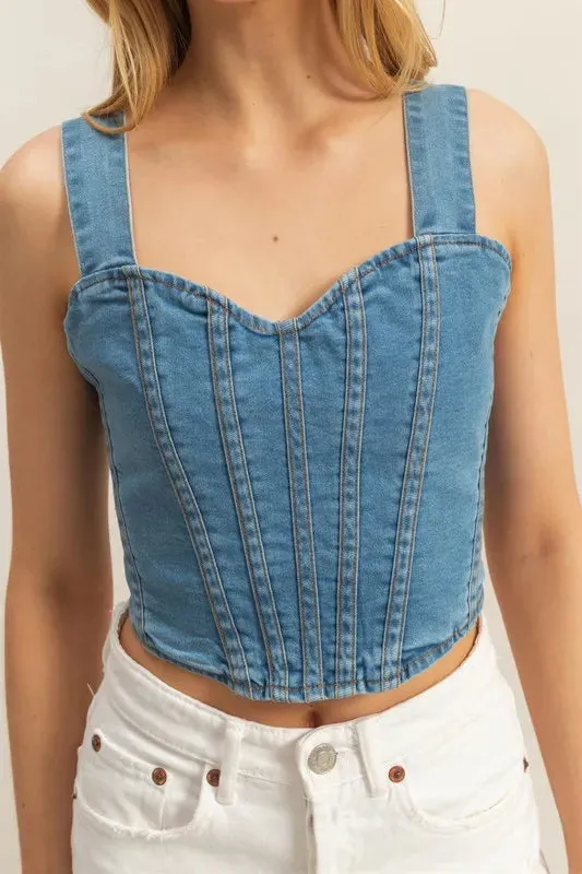 HYFVE Washed Sweetheart Neck Wide Strap Denim Tank In Light Wash