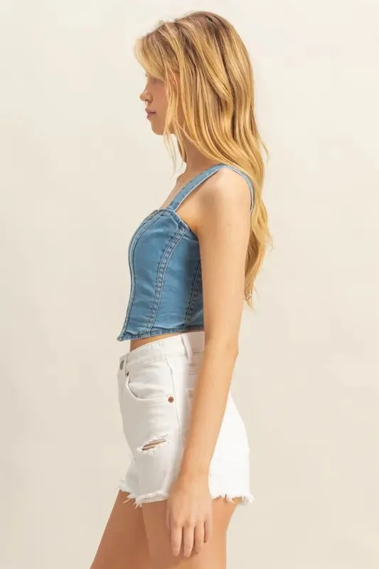 HYFVE Washed Sweetheart Neck Wide Strap Denim Tank In Light Wash