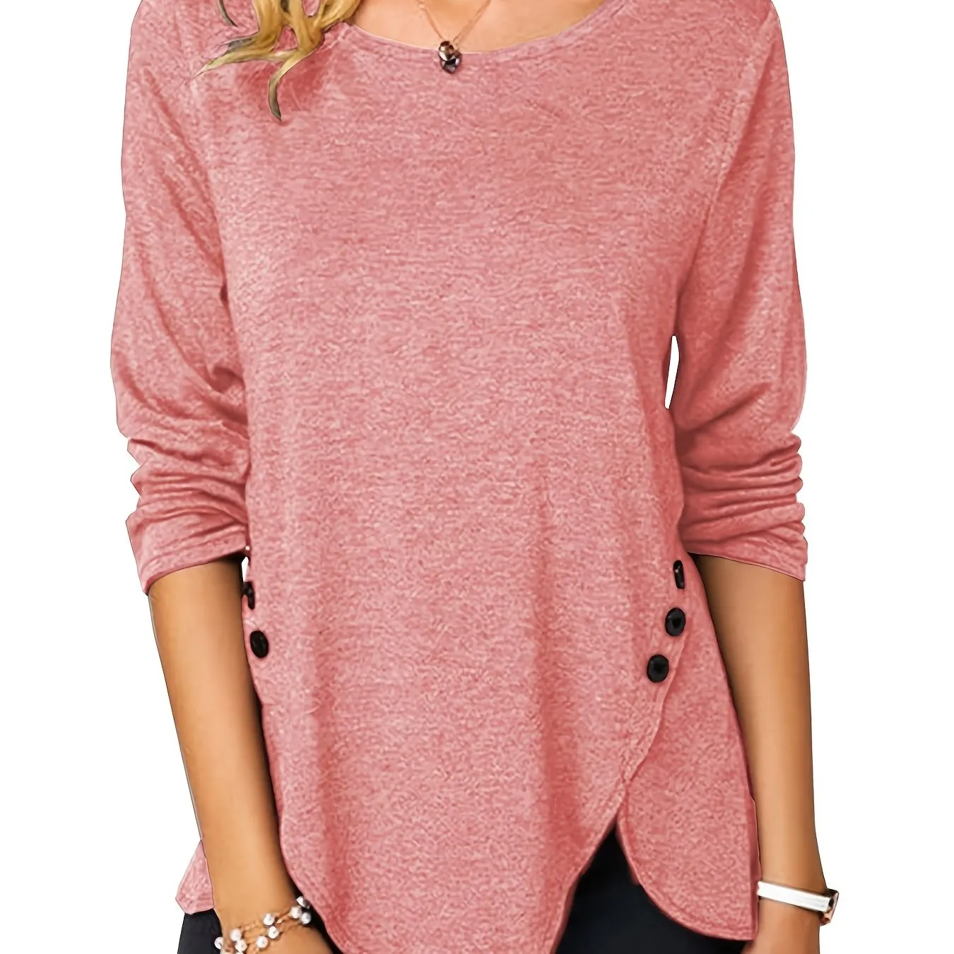 Irregular Hem Button Crew Casual Loose Long Sleeve Fashion T-Shirts Tops