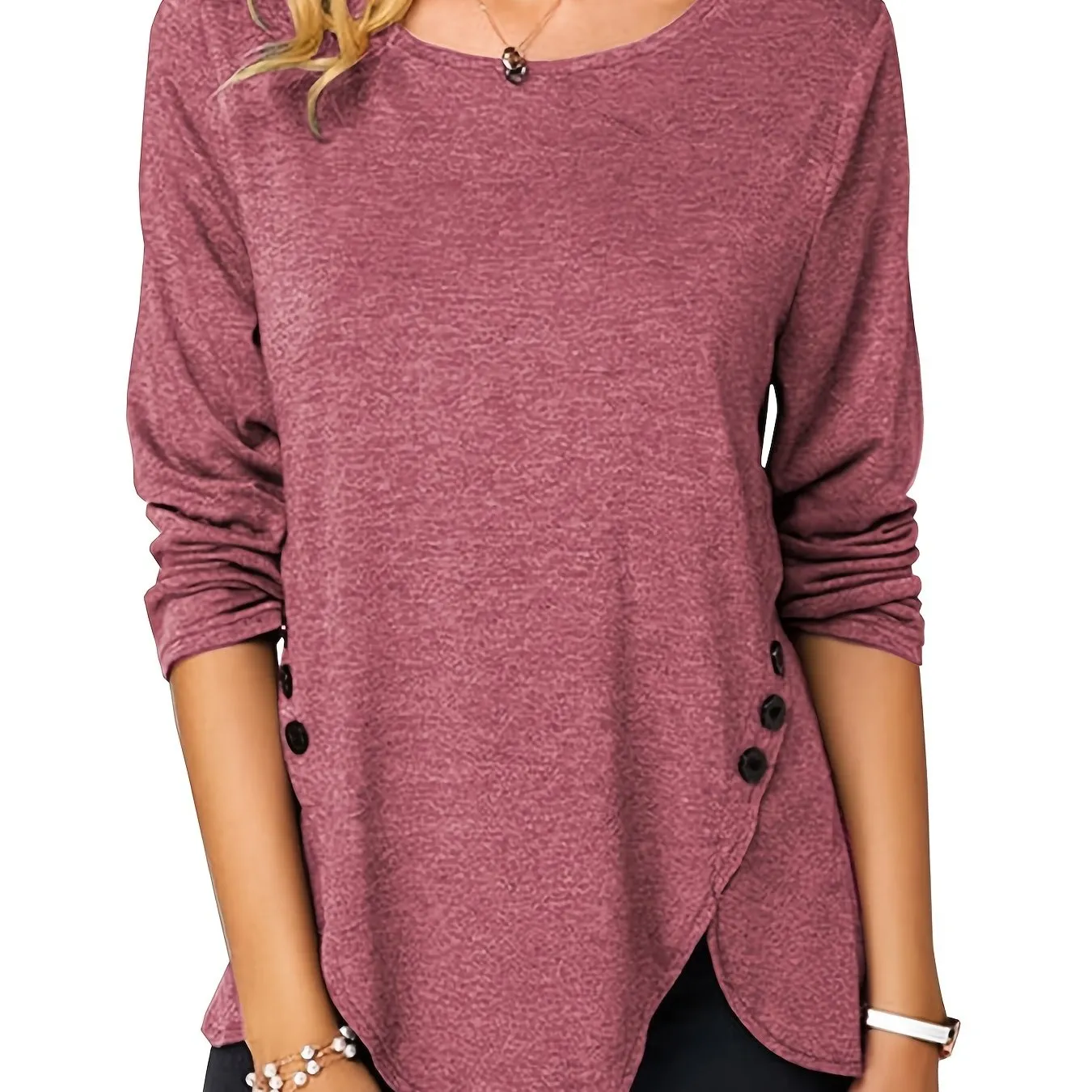 Irregular Hem Button Crew Casual Loose Long Sleeve Fashion T-Shirts Tops