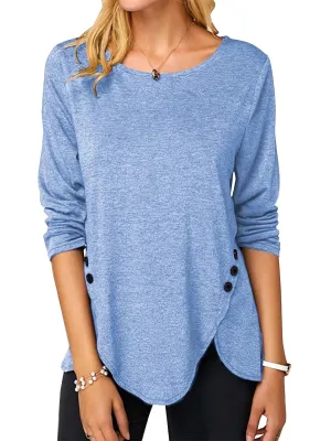 Irregular Hem Button Crew Casual Loose Long Sleeve Fashion T-Shirts Tops