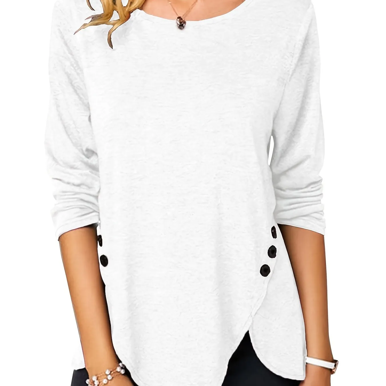 Irregular Hem Button Crew Casual Loose Long Sleeve Fashion T-Shirts Tops