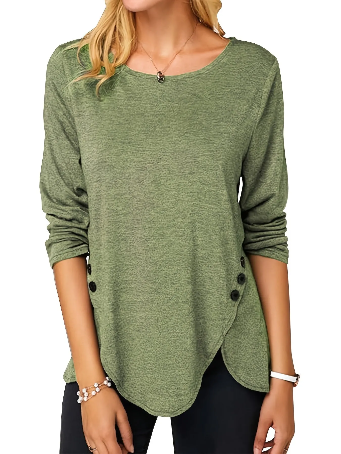 Irregular Hem Button Crew Casual Loose Long Sleeve Fashion T-Shirts Tops