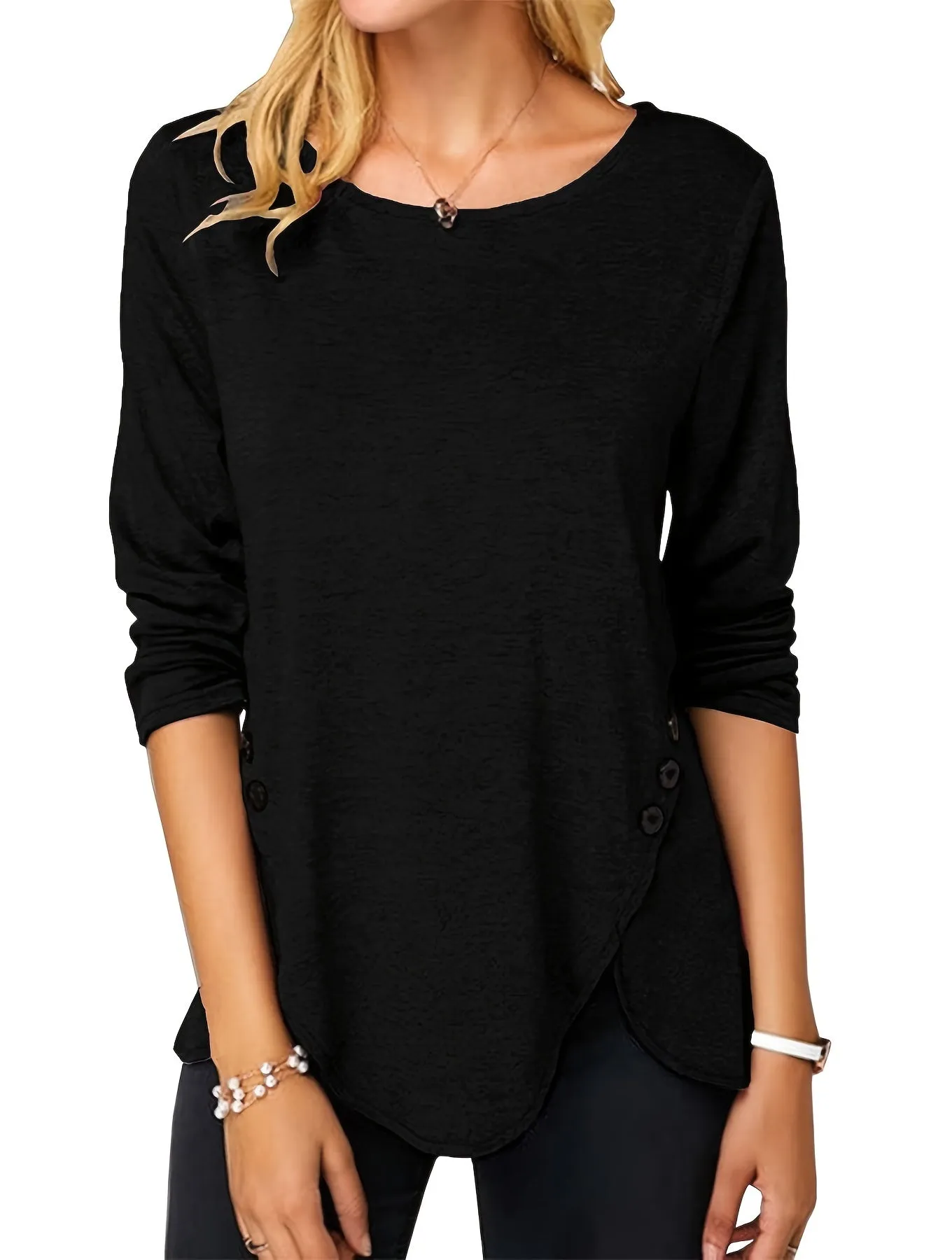 Irregular Hem Button Crew Casual Loose Long Sleeve Fashion T-Shirts Tops