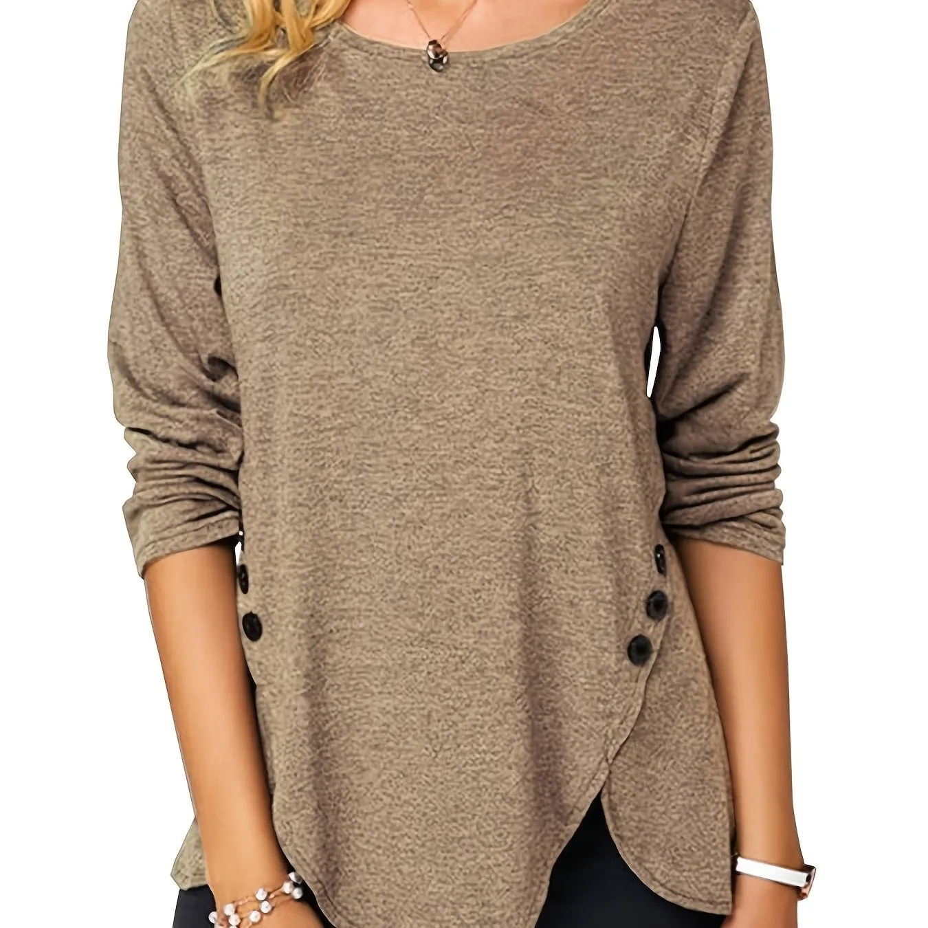 Irregular Hem Button Crew Casual Loose Long Sleeve Fashion T-Shirts Tops