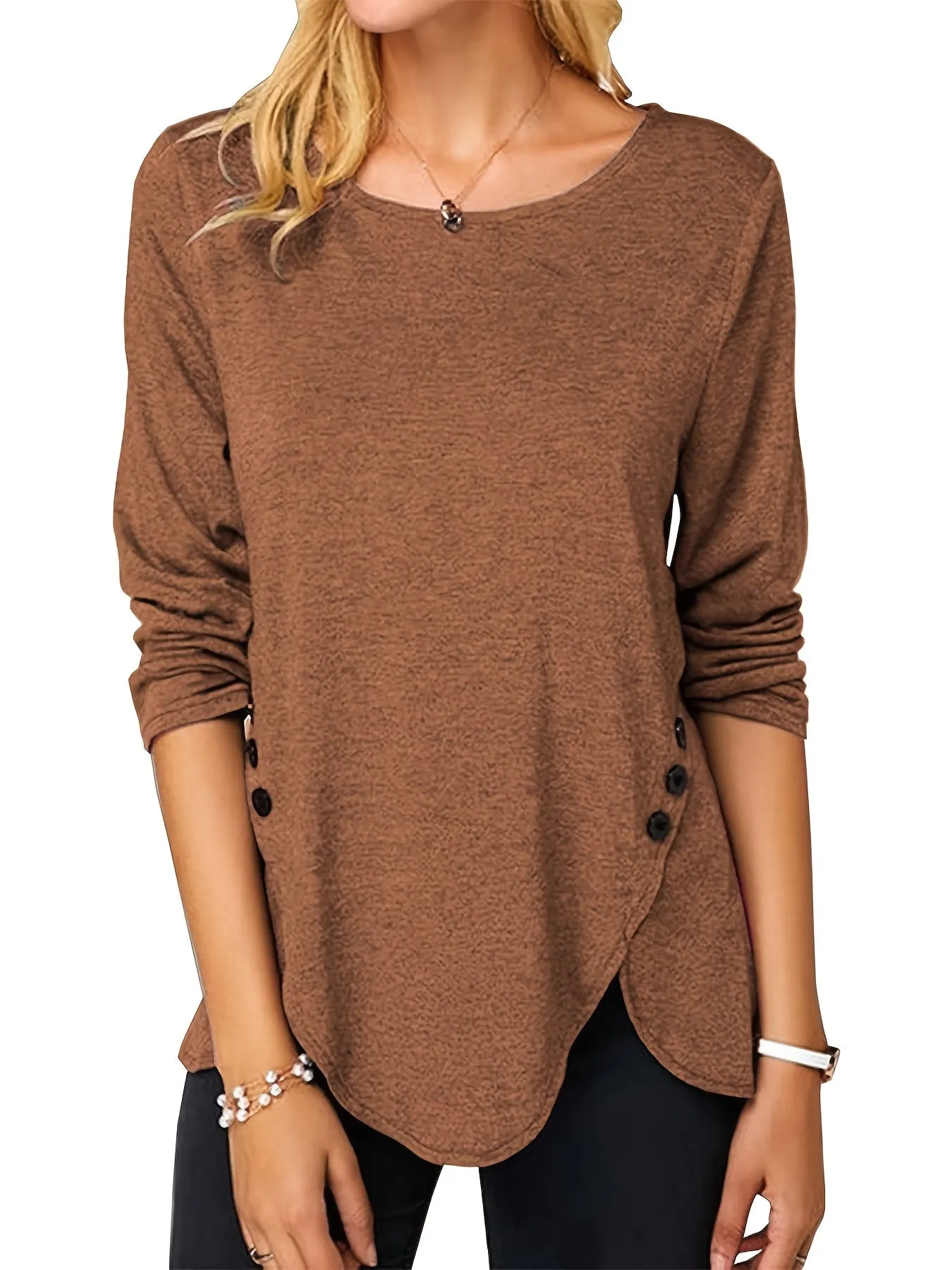 Irregular Hem Button Crew Casual Loose Long Sleeve Fashion T-Shirts Tops