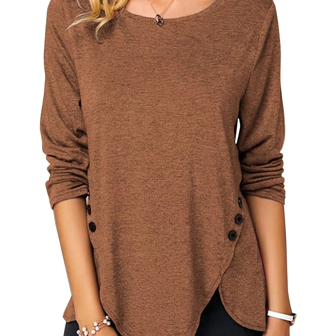 Irregular Hem Button Crew Casual Loose Long Sleeve Fashion T-Shirts Tops