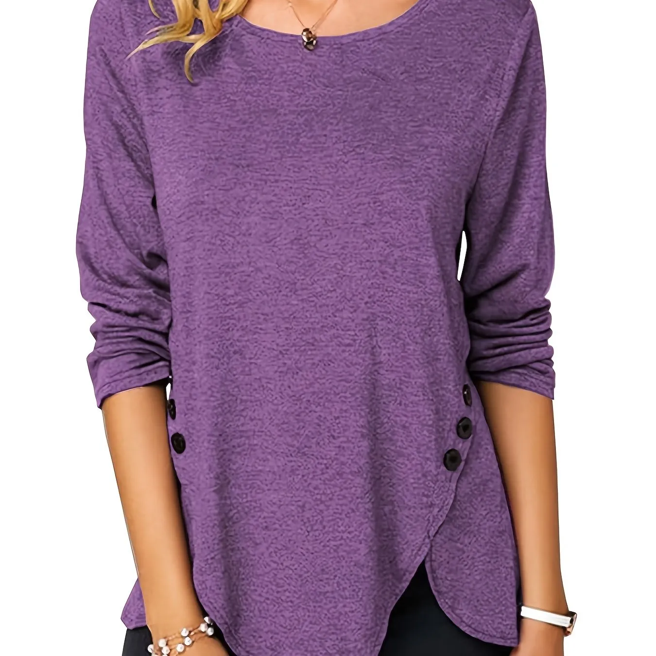 Irregular Hem Button Crew Casual Loose Long Sleeve Fashion T-Shirts Tops