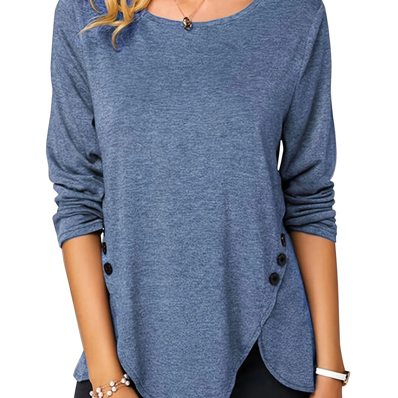 Irregular Hem Button Crew Casual Loose Long Sleeve Fashion T-Shirts Tops