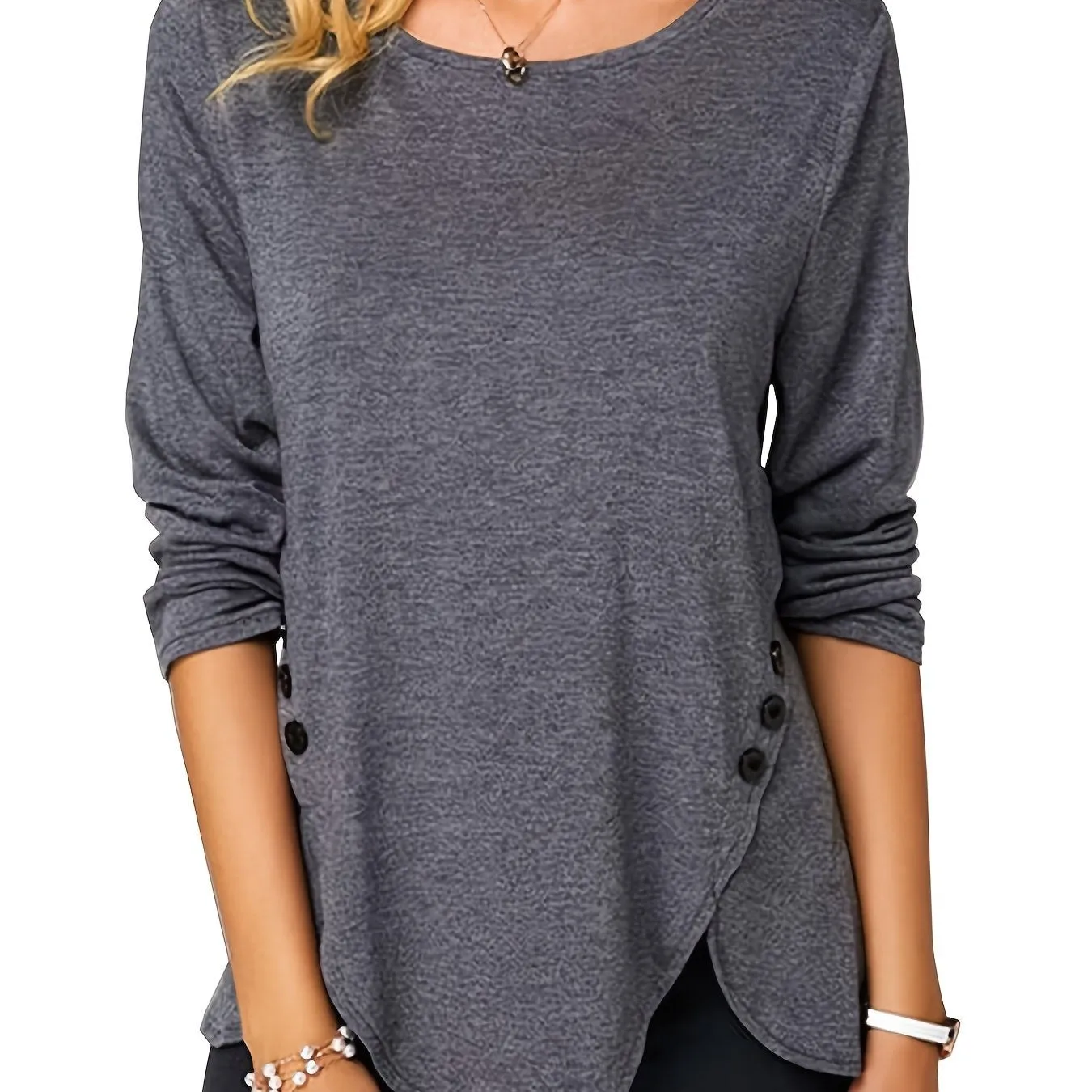 Irregular Hem Button Crew Casual Loose Long Sleeve Fashion T-Shirts Tops