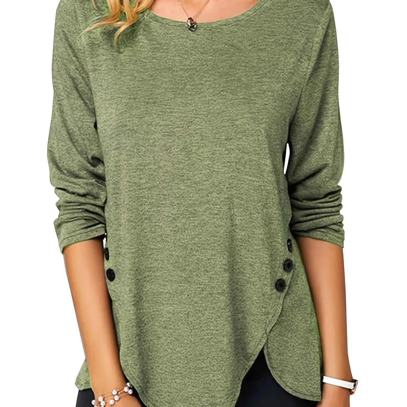 Irregular Hem Button Crew Casual Loose Long Sleeve Fashion T-Shirts Tops